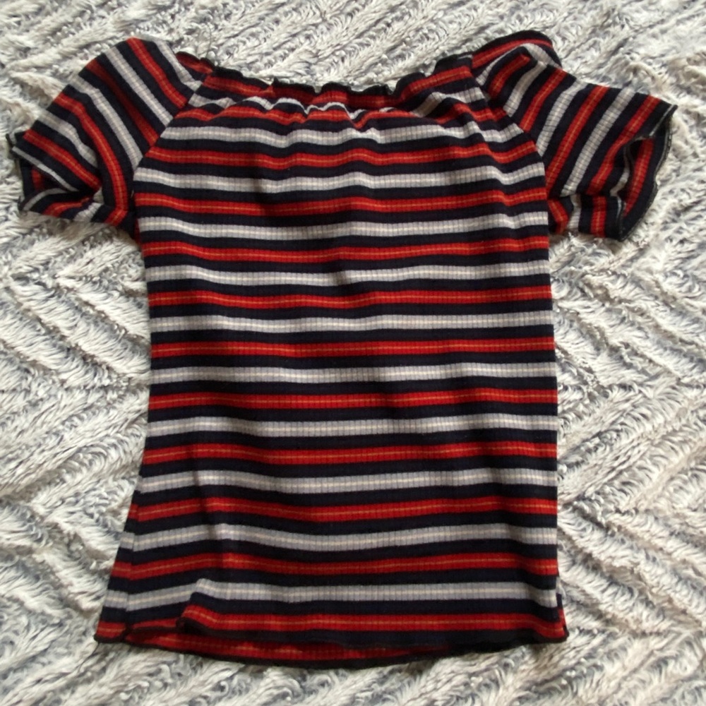 Blue And Red Striped Off Shoulder T-Shirt